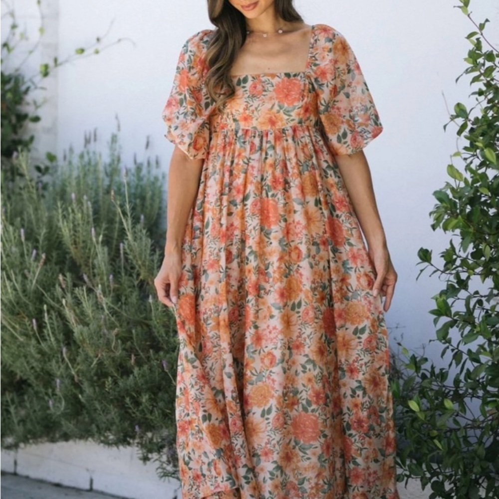 Storia Boutique Brand Babydoll Maxi Dress Bump Friendly Peach Multi Floral Sz L